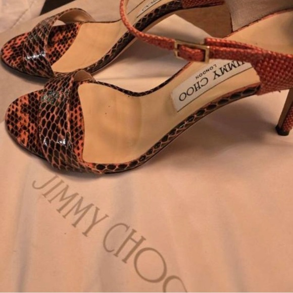 Jimmy Choo Shoes - Jimmy Choo Moxy Coral 🪸 elaphe heeled sandal color: coral/pink 👡 SOLD OUT